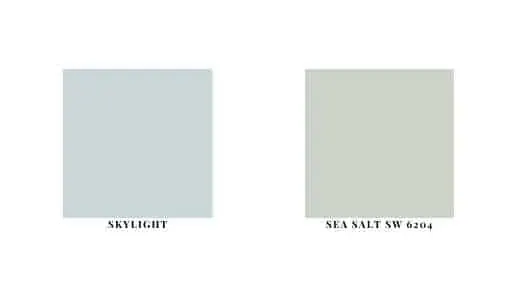 Farrow and Ball Skylight next to Sherwin Williams Sea Salt SW 6204 as paint swatches