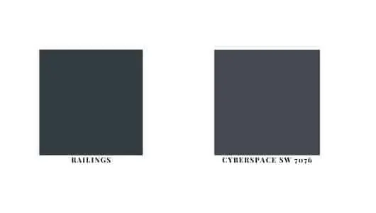 Farrow and Ball Railings next to Sherwin Williams Cyberspace SW 7076 as paint swatches